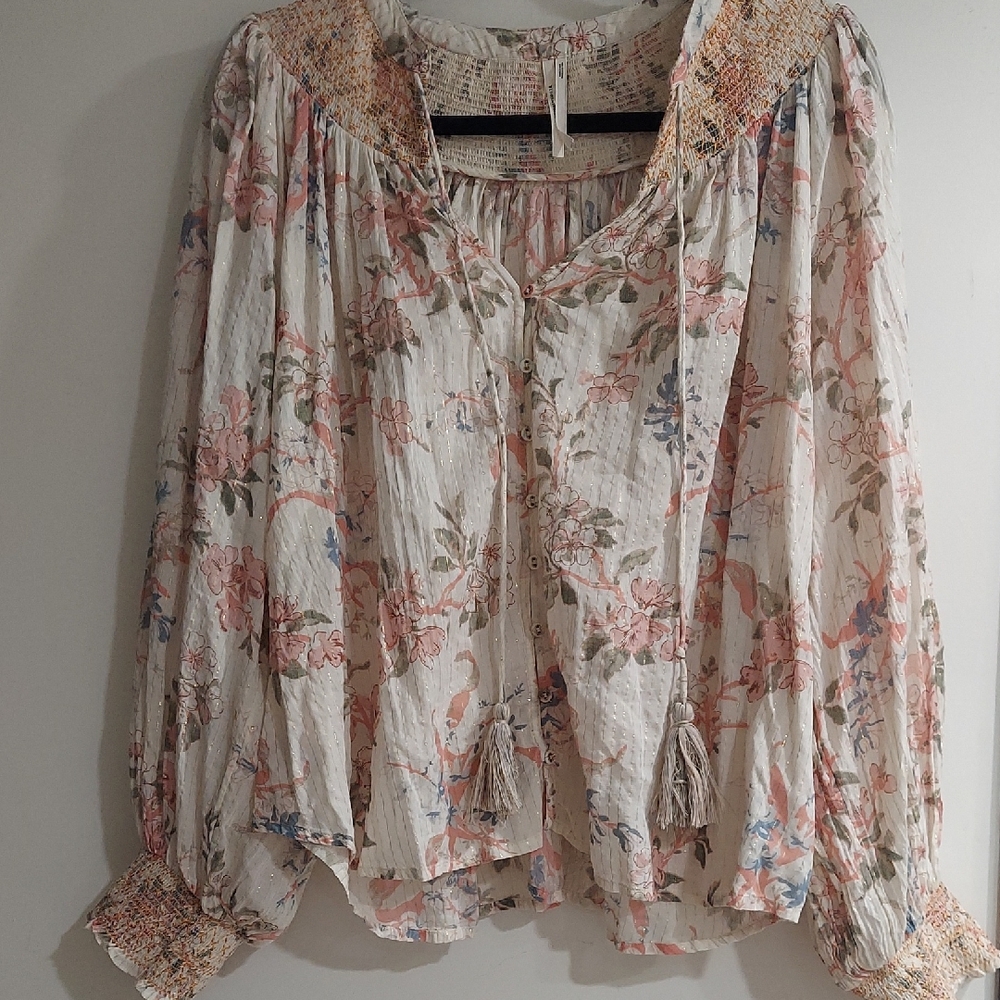 Anthropologie Floral Blouse in Cream and Pink